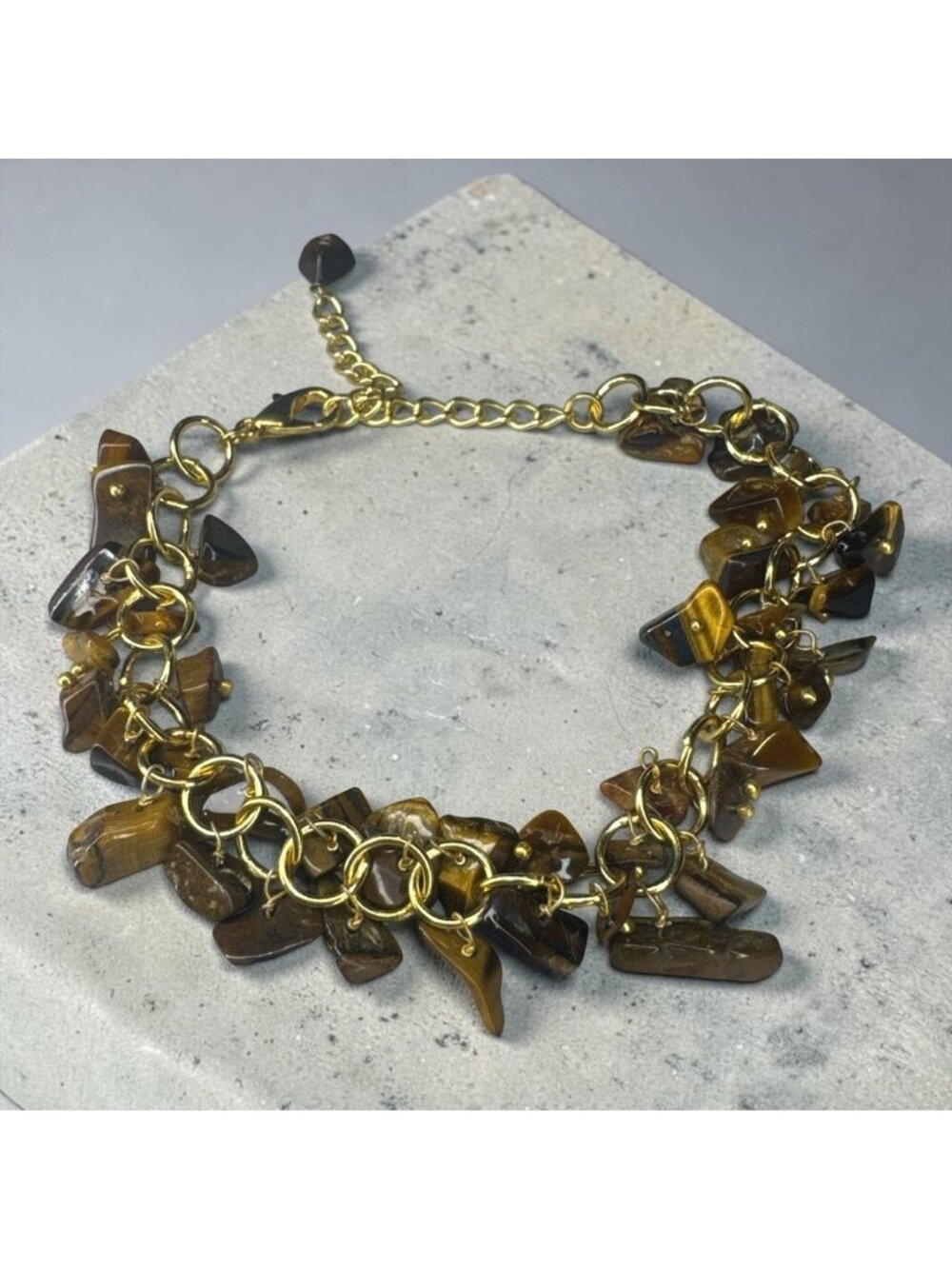 Tiger’s Eye Gemstone Chip Charm Bracelet Gold Tone Chunky Boho Adjustable